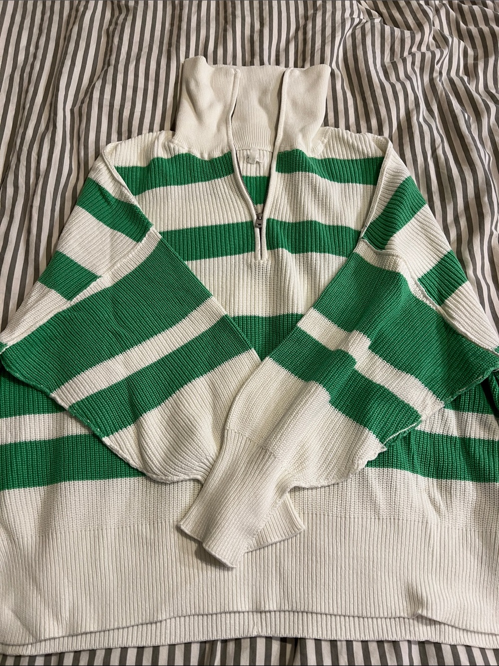aerie Green & White Striped Half-Zip Turtleneck Sweater